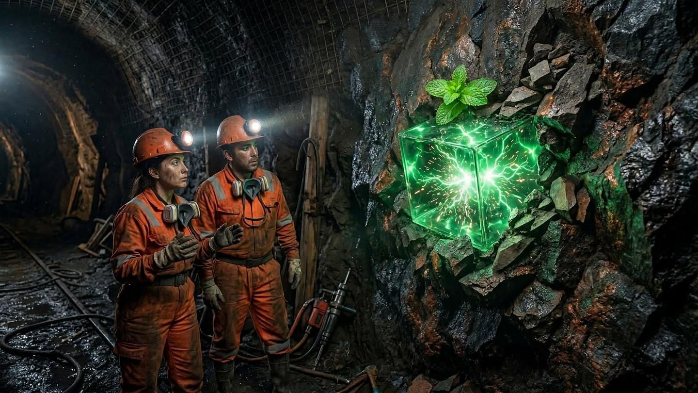 Mineros en el socavón subterráneo de O'Higgins contemplando el cubo semántico incrustado como geoda viva en la roca