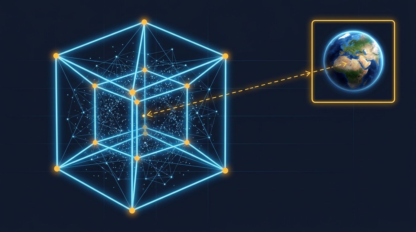 Diagrama técnico del hipercubo semántico continuo en perspectiva isométrica con la Tierra señalando a un único punto en su interior